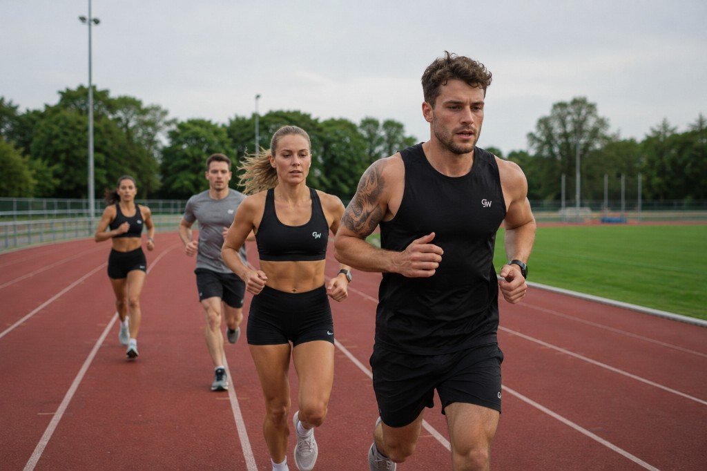 Group of friends running together on an athletics track